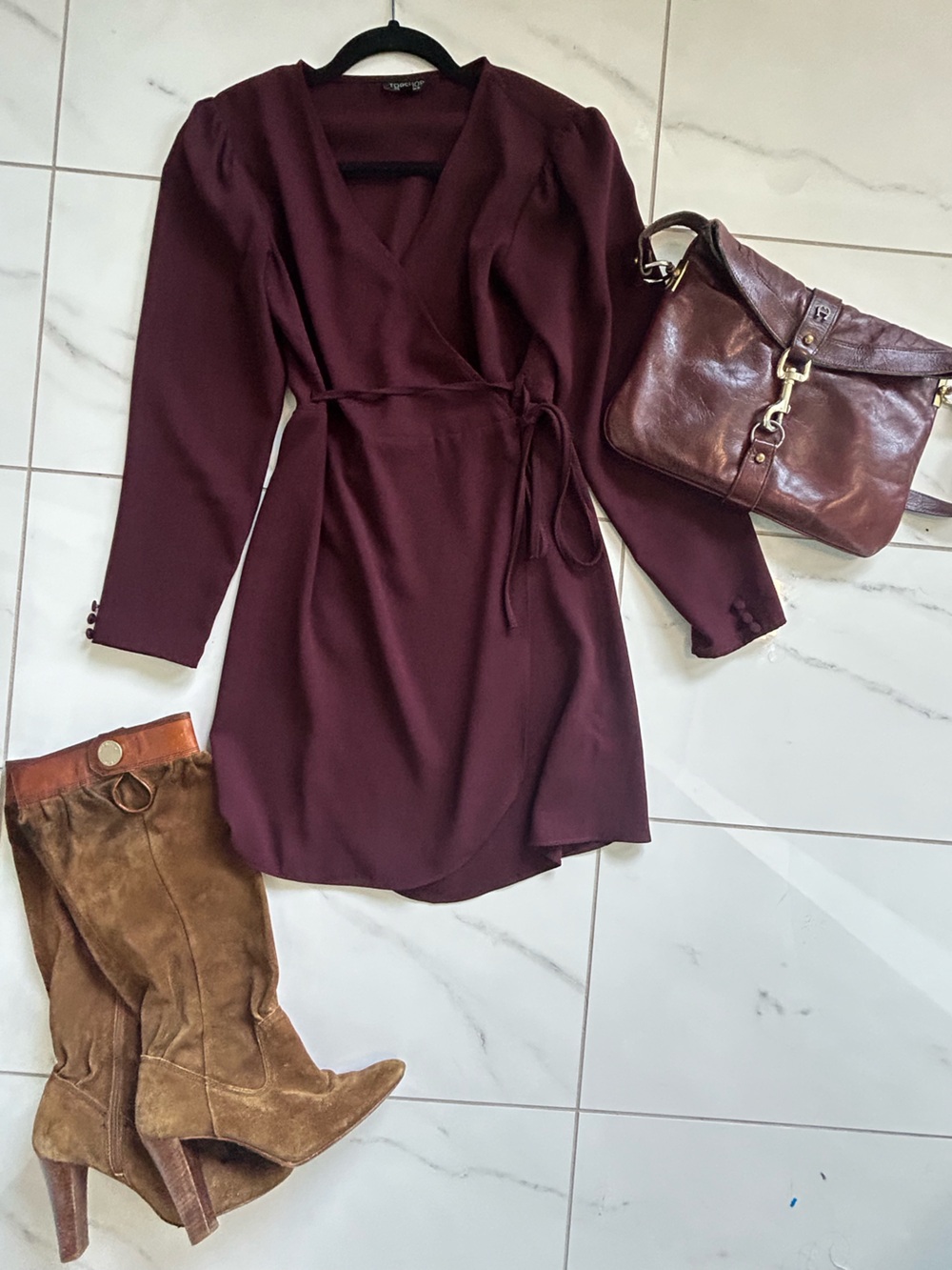 TOPSHOP Burgundy Wine Long Sleeve Wrap Mini Dress US 6